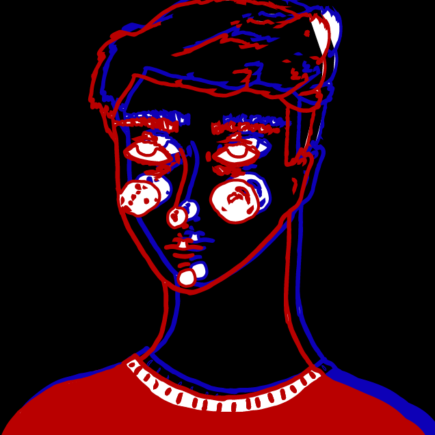 Dibujo. Retrato con fondo negro y líneas duplicadas como fuera de registro en rojo y azul.